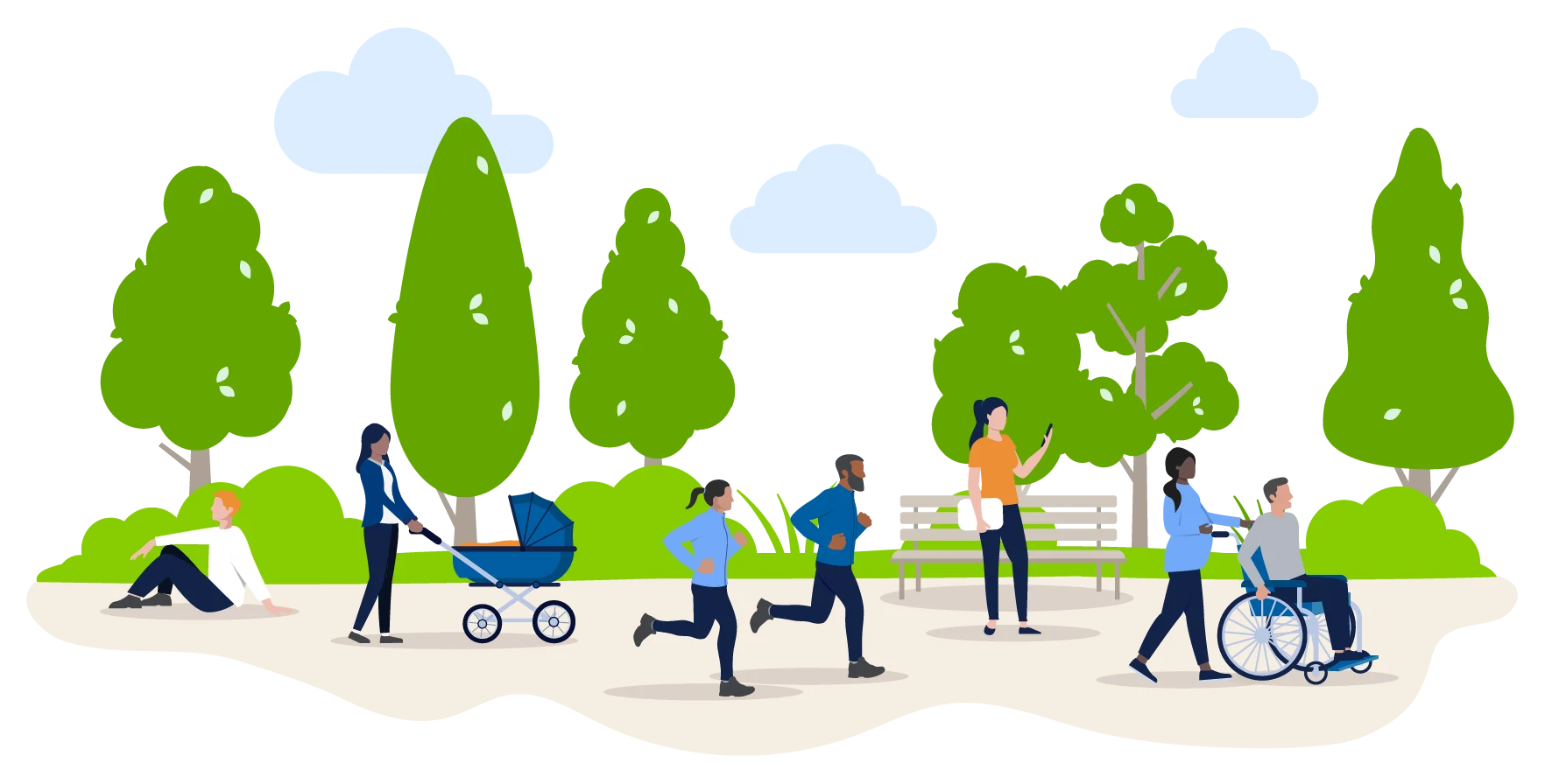 Illustrative park scene with individuals enjoying their life