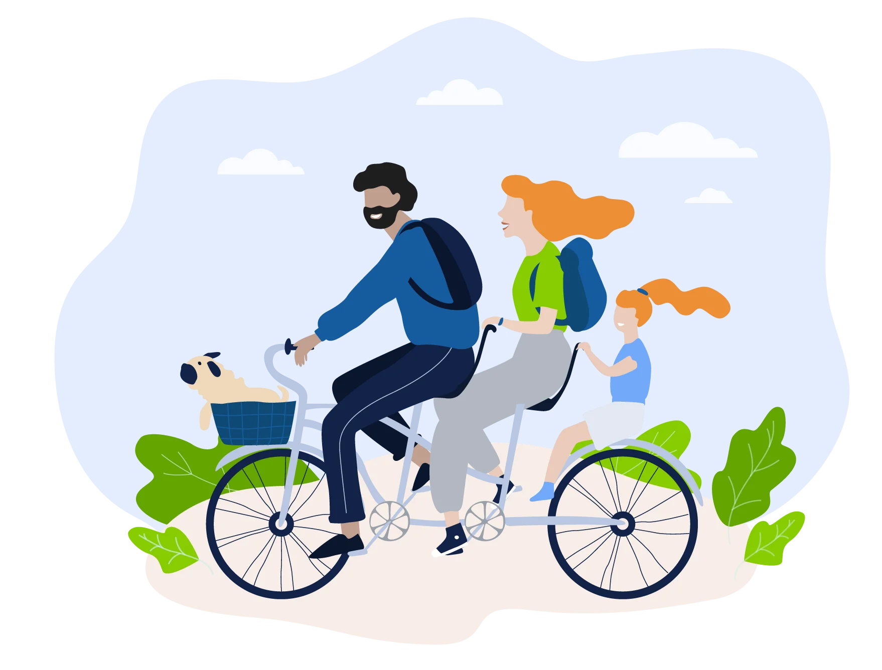 Young family riding a bike through park